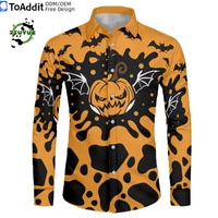 Kemeja Halloween Pria Custom dengan Cetakan Labu, Lengan Panjang, Kancing Depan, Kemeja Pria untuk Pesta Halloween