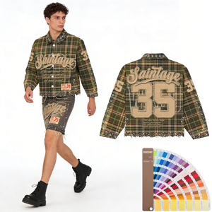 Ensemble chemise et short pour homme en coton à manches longues, à carreaux, avec strass, style streetwear, 100% coton - Product Image 2