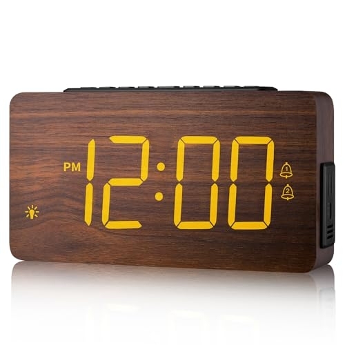 Wooden Clock for Bedrooms-Extra Loud Alarm for Heavy Sleepers,Adjustable Volume&Brightness, Elegant Wood Decor for Home & Office