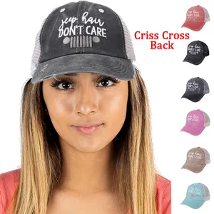 Washed CrissCross Ponytail Hat For Women Distressed Custom Embroidery Mesh Baseball Caps
