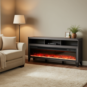 Pastoral 60 \ "Chimenea Soporte de TV con 20 luces LED Temporizador de control remoto 66 \" Esquina de almacenamiento de medios Gabinetes de sala de estar negros - Product Image 2