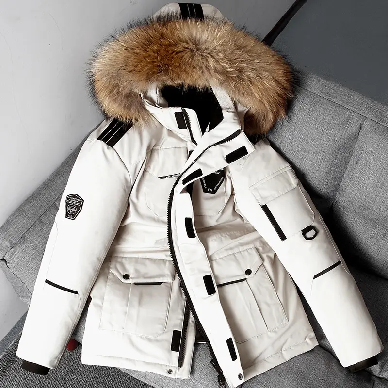 メンズミディアムとロングの冬の恋人の屋外作業服大きなウールの襟ダウン厚手のコート