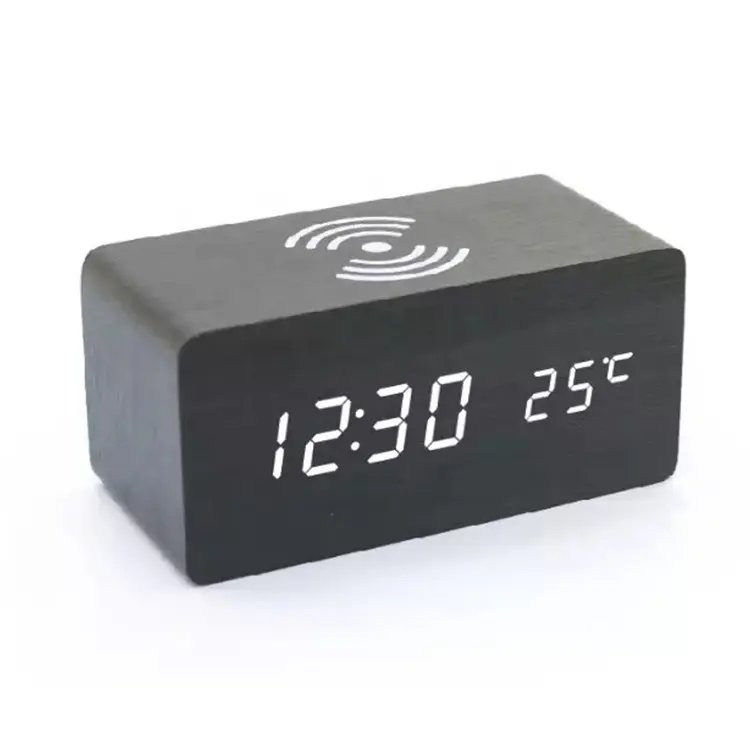 wooden digital LED alarm clock with wireless phone charging table clock promotional gift logo custom new design desktop clock