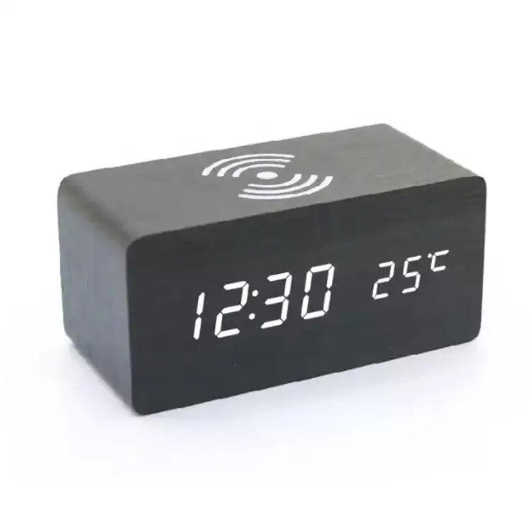 นาฬิกาปลุก LED ดิจิตอลทำจากไม้,นาฬิกาตั้งโต๊ะชาร์จไร้สายมีโลโก้ของขวัญส่งเสริมการขายออกแบบใหม่