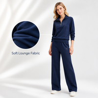 Ensemble décontracté deux pièces pour femme, bleu marine, broderie florale, coupe ample, avec fermeture éclair, manches longues, en coton aéré, pantalon large