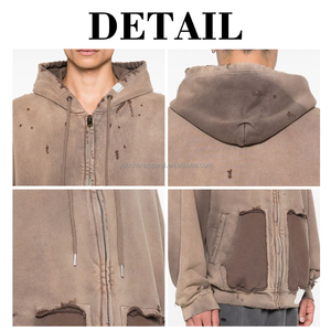 Tùy chỉnh Zip Up hoodie người đàn ông axit rửa cắt đau khổ hoodie Y2K streetrwear quần áo các nhà sản xuất - Product Image 6