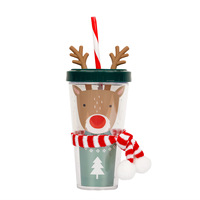 Gobelet en plastique à double paroi pour Noël avec couvercle et paille, motif Père Noël, renne, renard, et écharpe tricotée, vente en gros