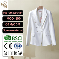 Blazer blanc sur mesure à double boutonnage avec surpiqûres contrastées et revers crantés pour femme de bureau OEM
