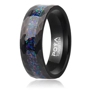 Poya 8Mm Meteoriet Verpletterd Fire Opal Inlay Tungsten Ring Gehamerd Zwart Mannen Vrouwen Wedding Band
