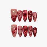 Ongles à presser en acrylique souple, forme amande, couleur rouge vin, avec motif cœur et nœud en strass, personnalisables, certifiés, vente en gros
