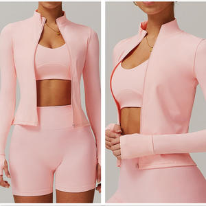 Conjunto de Chaqueta con Cremallera para Yoga al por Mayor, Shorts Deportivos Rosas sin Costuras para <span class=keywords><strong>Pilates</strong></span>, Leggings de Alta Calidad con Textura Acanalada, Conjunto de 2 Piezas para Mujer - Product Image 3