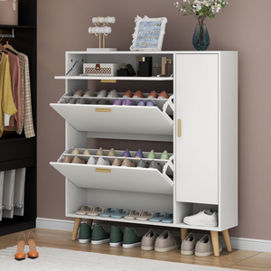 <span class=keywords><strong>Zapatero</strong></span> Moderno de Madera Blanca <span class=keywords><strong>con</strong></span> 3 Cajones Abatibles, Estante Inferior Abierto, <span class=keywords><strong>Estantes</strong></span> Interiores <span class=keywords><strong>con</strong></span> Puerta para Sala de Estar - Product Image 2