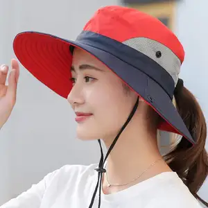 Tourism Vacation Sun Hat Summer Women's Outdoor Wide Brim Boonie Fishing Hat Embroidery Logo Custom Bucket Hat With String