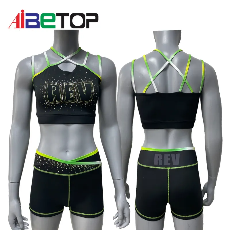 OEM Factory Price Hot Sale Competition Practice Crop And Short Customized Spandex Sets With Rhinestone For Girls IBETOP