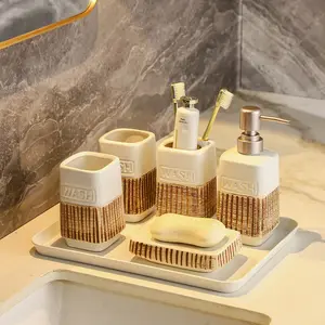 가정용 고급 위생 용품 액세서리 세라믹 4 피스 욕실 장식 치약 컵 욕실 세트 호텔 욕실