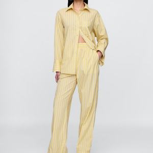 Nouveautés Offre Spéciale Automne Ensemble Deux Pièces Femme en Lin : Chemise Décontractée à Col Revers et Pantalon Taille Haute Rayé - Product Image 1