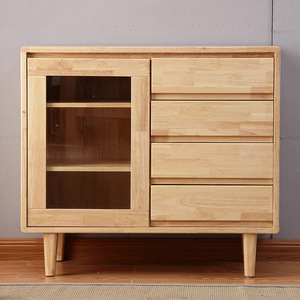 Nordic Solid Wood <b>Sideboard</b> <b>Storage</b> Cabinet With Glass Door For Dining Room Natural Wood Color - Product Image 4