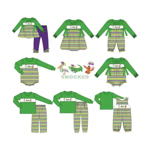 Puresun custom designs mardi gras smocked children clothing spring kids girls clothes with shrimp embroidery