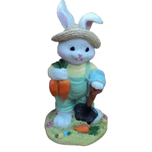 Vintage Resin Tall Bunnies Mr Bunny Carrot Farmer Shovel Backpack Figurine