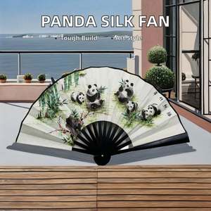 Abanico de mano de seda de doble cara estilo chino con diseño de panda tallado en bambú para decoración del hogar y festivales - Product Image 3