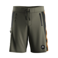 Shorts de surf pour hommes vert armée à rayures ondulées, imperméables, avec poche latérale asymétrique et fermeture éclair et bouton