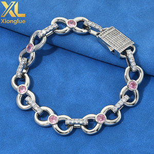 Factory Custom Hip Hop 12mm Fine Luxury Jewelry Pink Moissanite Bracelets Women <b>Men</b> 925 Sterling Silver Chain Link Bracelets - Product Image 2