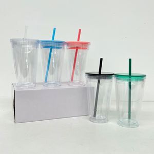 Hot Sell 16oz 24oz <b>Double</b> <b>Walled</b> Acrylic Tumbler with Colorful Lids and Straws 16 oz clear Travel Coffee Beer Plastic Kids Cup - Product Image 2