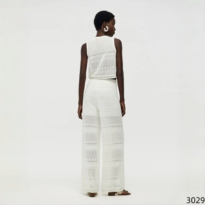 Ensemble deux pièces en dentelle <span class=keywords><strong>blanche</strong></span> ajourée, haut court <span class=keywords><strong>sans</strong></span> manches et pantalon large, motif vintage, ensemble décontracté pour femmes - Product Image 5