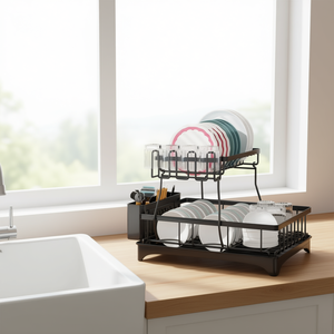 Égouttoir à vaisselle 2 niveaux en acier inoxydable, support de rangement pour ustensiles de cuisine, design minimaliste - Product Image 2