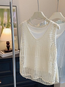 Hauts en <span class=keywords><strong>crochet</strong></span> à la main-<span class=keywords><strong>Gilet</strong></span> sans manches en tricot Technique du <span class=keywords><strong>crochet</strong></span> à travail ouvert Couche intérieure blanche Costume léger Décontracté quotidien - Product Image 2