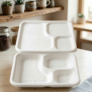 Plateau repas écologique 3 compartiments en bagasse blanche avec couvercle, qualité alimentaire, compostable, jetable - Product Image 1