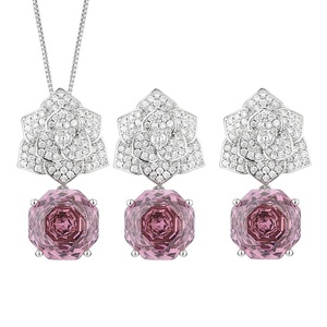 High End Eco-friendly Copper 12MM Zircon Rose Flower Petal Violet Floral Dangle <b>Earrings</b> and Pendant Necklace Set for Women - Product Image 1