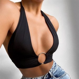 Camiseta sin mangas ahuecada para <span class=keywords><strong>mujer</strong></span>, Tops sexis cortos, ropa sólida cruzada negra, ropa de calle Nueva de verano a la moda - Product Image 5