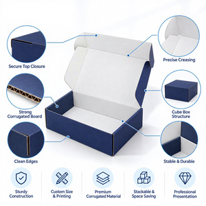 Boîte d'expédition en carton ondulé recyclé haut de gamme, entièrement personnalisée avec logo imprimé en couleur, finition mate bleu foncé, gaufrage et revêtement UV, pour chaussettes et gants - Product Image 2
