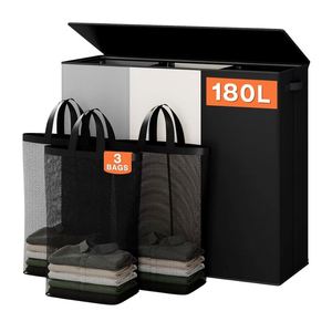 180L <b>Large</b> Laundry <b>Hamper</b> 3 Section with Lid Removable Bag Custom Collapsible Folding Dirty Clothes Laundry Basket Organizer - Product Image 1