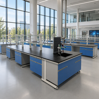 Plan de travail de laboratoire moderne en acier et bois avec évier en résine phénolique, robinet et étagère à réactifs pour l'école, l'atelier et l'hôpital