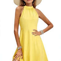 Robe de cocktail OUGES d'été pour femme, coupe trapèze, col licou, longueur genou, motif floral, élégante, infroissable (Jaune-L)
