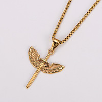 Kalung Liontin Baja Anti Karat Berbentuk Pedang Sayap Malaikat Archangel Michael, Gaya Hip Hop Punk untuk Anak Kristen