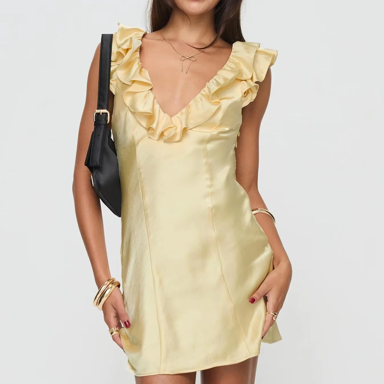 sachin and babi light blue dress Lemon Yellow Celebrity Inspired One-shoulder Tulle Ruffled Gown main image 1