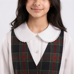 Conjunto de Uniforme Escolar a Cuadros para Niñas, Venta al Por Mayor, Vestido de Dos Piezas con Tirantes y Cuello Peter Pan de Manga Larga Blanco - Product Image 4