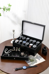 Boîte à montres et bijoux carrée à double couche, 12 compartiments, en cuir PU avec <span class=keywords><strong>ouverture</strong></span> transparente - Product Image 2