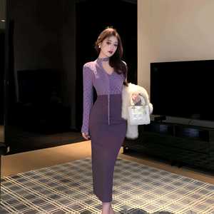 Purple Polka Dot Faux Two Piece Dress Women Autumn Long Sleeve Fitted Waist V Neck Bodycon <b>Skirt</b> Banquet Party Daily Wear - Product Image 1