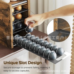 Support de rangement pour dosettes de café en bois, 4 niveaux, avec plateau coulissant, organiseur de bureau avec crochets pour tasses et porte-sachets de thé - Product Image 4
