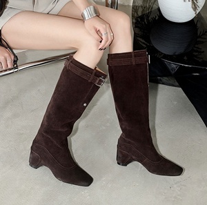 Nouvelles bottes d'hiver pour femme, montantes au-dessus du genou, à motif uni, à talon compensé, à bout pointu, avec fermeture éclair, style western - Product Image 1