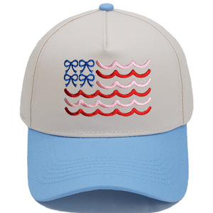 Gorra de Béisbol Bordada con Lazo y Bandera, Bicolor Beige y Roja, de Algodón, Estilo Coquette Patriótico de EE. UU. para Verano - Product Image 5