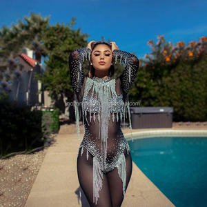 Novance Y2103 Vêtements pour femmes Tendance Sexy Tassel Diamond See Though Stretchy Jumpsuit Transparent Black Dress for Singer Dance - Product Image 1