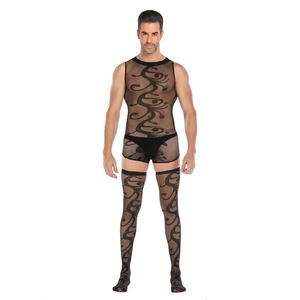 <b>Men</b> Sexy Bodysuit Black Nylon Spandex Printed See Through Stockings Plus Size <b>Erotic</b> Underwear - Product Image 2