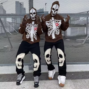 Streetwear pantaloni della tuta in cotone da uomo Custom teschi toppa Patchwork ricamo pantaloni in pile impilati felpe uomo - Product Image 6