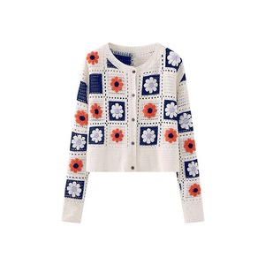 Cárdigan de punto floral para mujer, manga larga, cuello redondo holgado, bordado calado, estilo primavera-otoño - Product Image 3