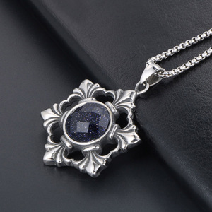 Japanese Korean Style Blue Sandstone Inlaid <b>Titanium</b> Steel Pendant Necklace Flower Shape Snowflake Design Unisex Fashion - Product Image 3
